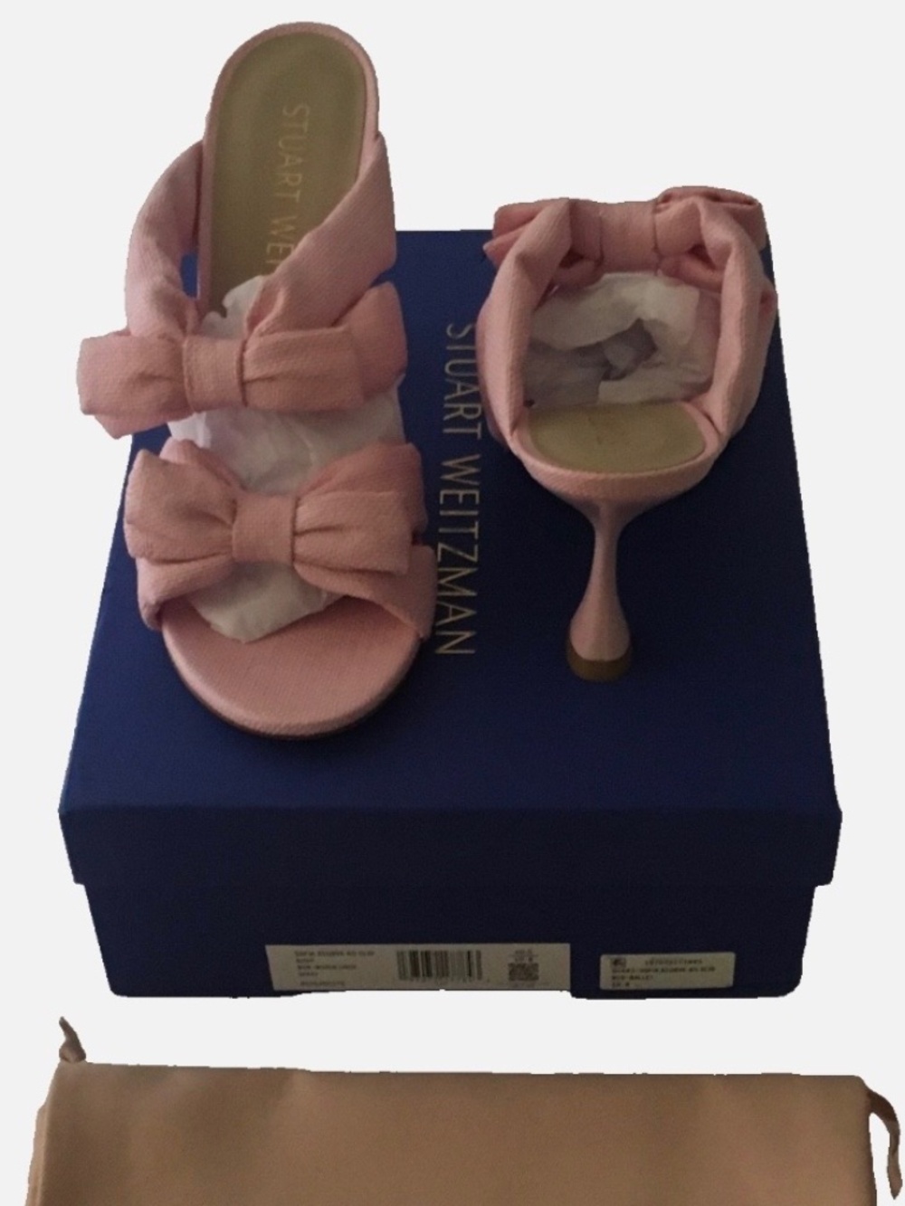 Stuart Weitzman Sofia X Curve Sandals Sliders Pink Linen Bows Sandals 10B Spain